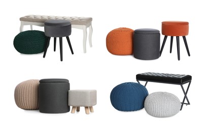 Image of Different poufs isolated on white, collage. Interior element