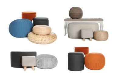 Image of Different poufs isolated on white, collage. Interior element