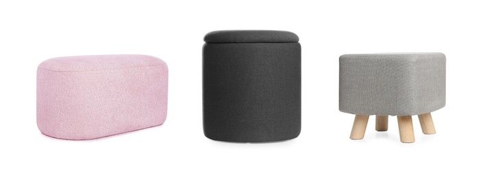 Image of Different poufs isolated on white, collage. Interior element