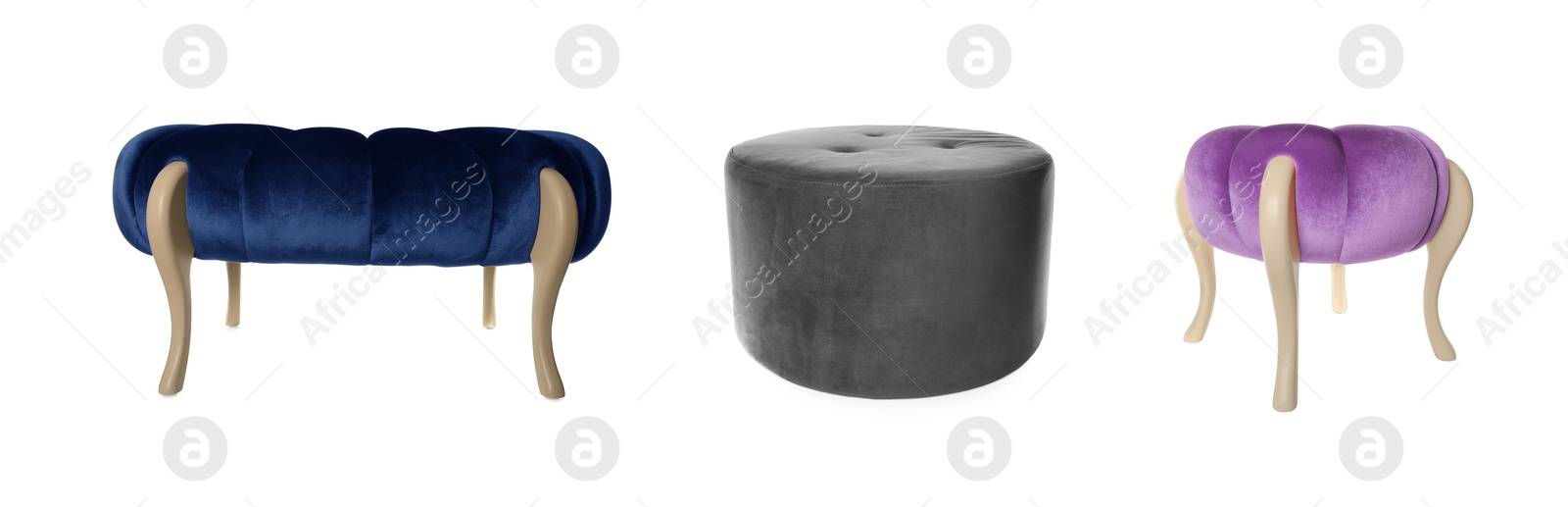 Different poufs isolated on white, collage. Interior element Image of Different poufs isolated on white, collage. Interior element