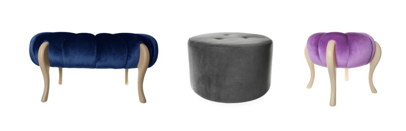 Image of Different poufs isolated on white, collage. Interior element