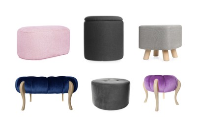 Image of Different poufs isolated on white, collage. Interior element