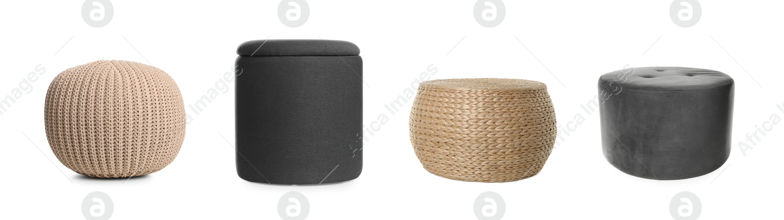 Different poufs isolated on white, collage. Interior element Image of Different poufs isolated on white, collage. Interior element
