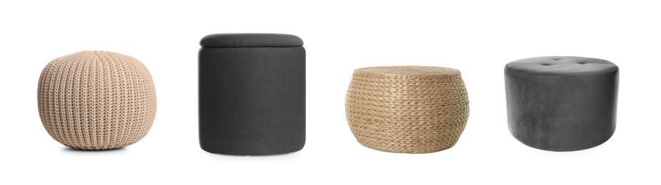 Image of Different poufs isolated on white, collage. Interior element