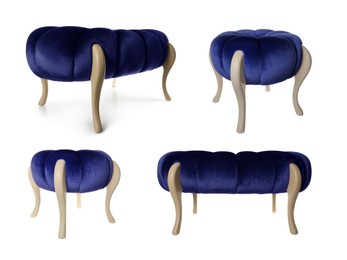 Image of Blue footstools isolated on white, collage. View from different sides