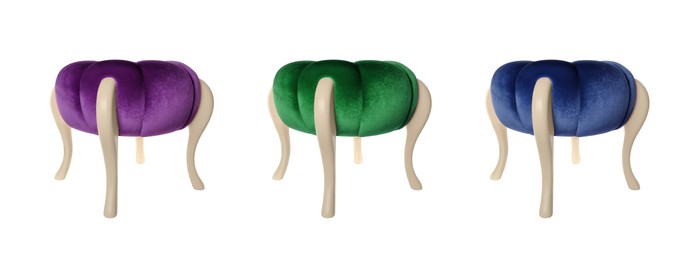Image of Poufs in different colors isolated on white, set. Interior element