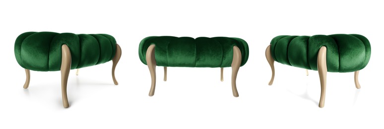 Image of Green footstool isolated on white, collage. View from different sides