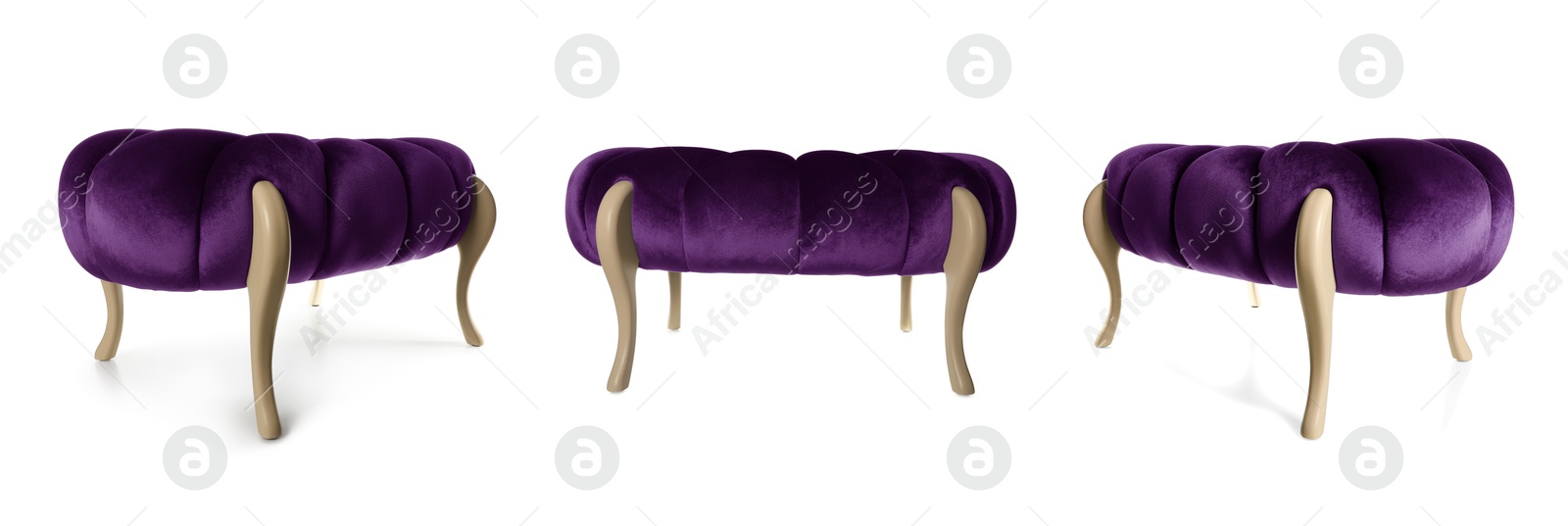 Purple footstool isolated on white, collage. View from different sides Image of Purple footstool isolated on white, collage. View from different sides