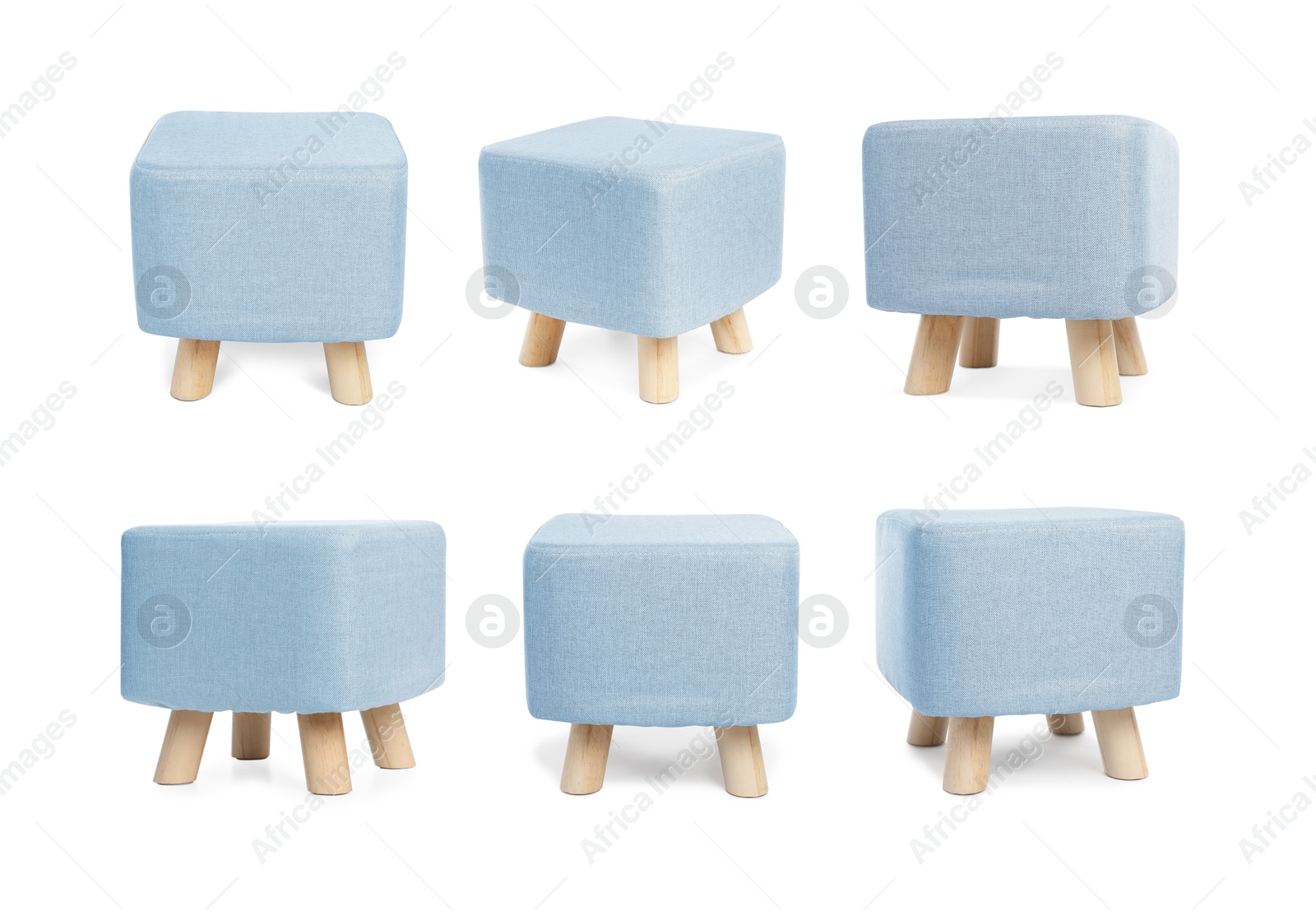 Light blue pouf isolated on white, collage. View from different sides Image of Light blue pouf isolated on white, collage. View from different sides