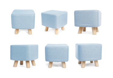 Image of Light blue pouf isolated on white, collage. View from different sides
