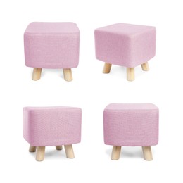 Image of Pink pouf isolated on white, collage. View from different sides