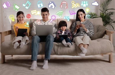 Image of Internet addicted family using gadgets instead of spending time together at home. Different icons near them