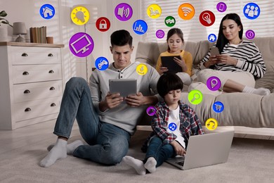 Image of Internet addicted family using gadgets instead of spending time together at home. Different icons near them