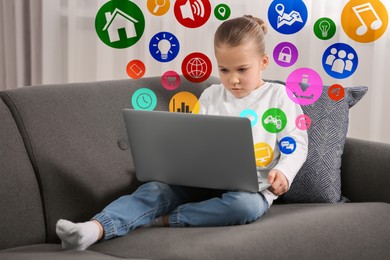 Image of Internet addicted child using laptop at home. Different icons flying out of computer