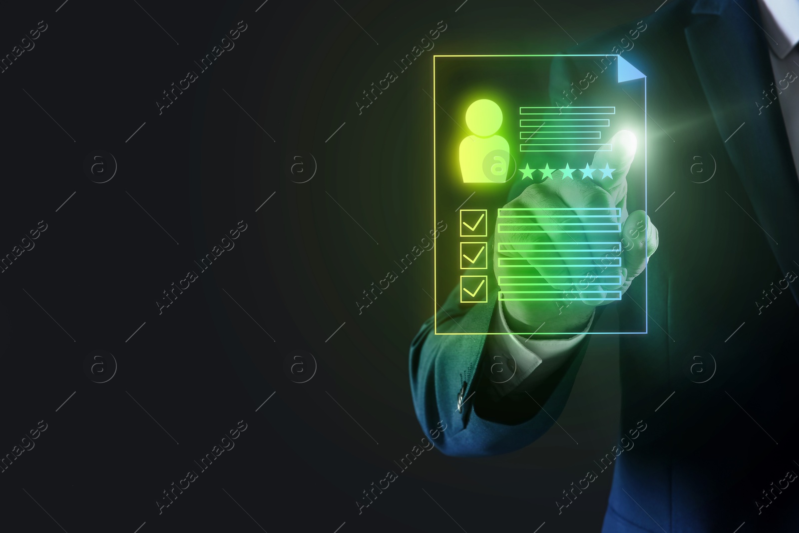 Recruitment, employee search. Human resources manager choosing candidate's resume on virtual screen against black background, closeup Image of Recruitment, employee search. Human resources manager choosing candidate's resume on virtual screen against black background, closeup