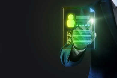 Image of Recruitment, employee search. Human resources manager choosing candidate's resume on virtual screen against black background, closeup