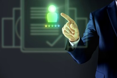 Image of Recruitment, employee search. Human resources manager choosing candidate's resume on virtual screen against black background, closeup