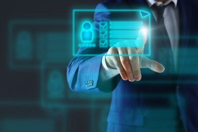 Image of Recruitment, employee search. Human resources manager choosing candidate's resume on virtual screen against black background, closeup