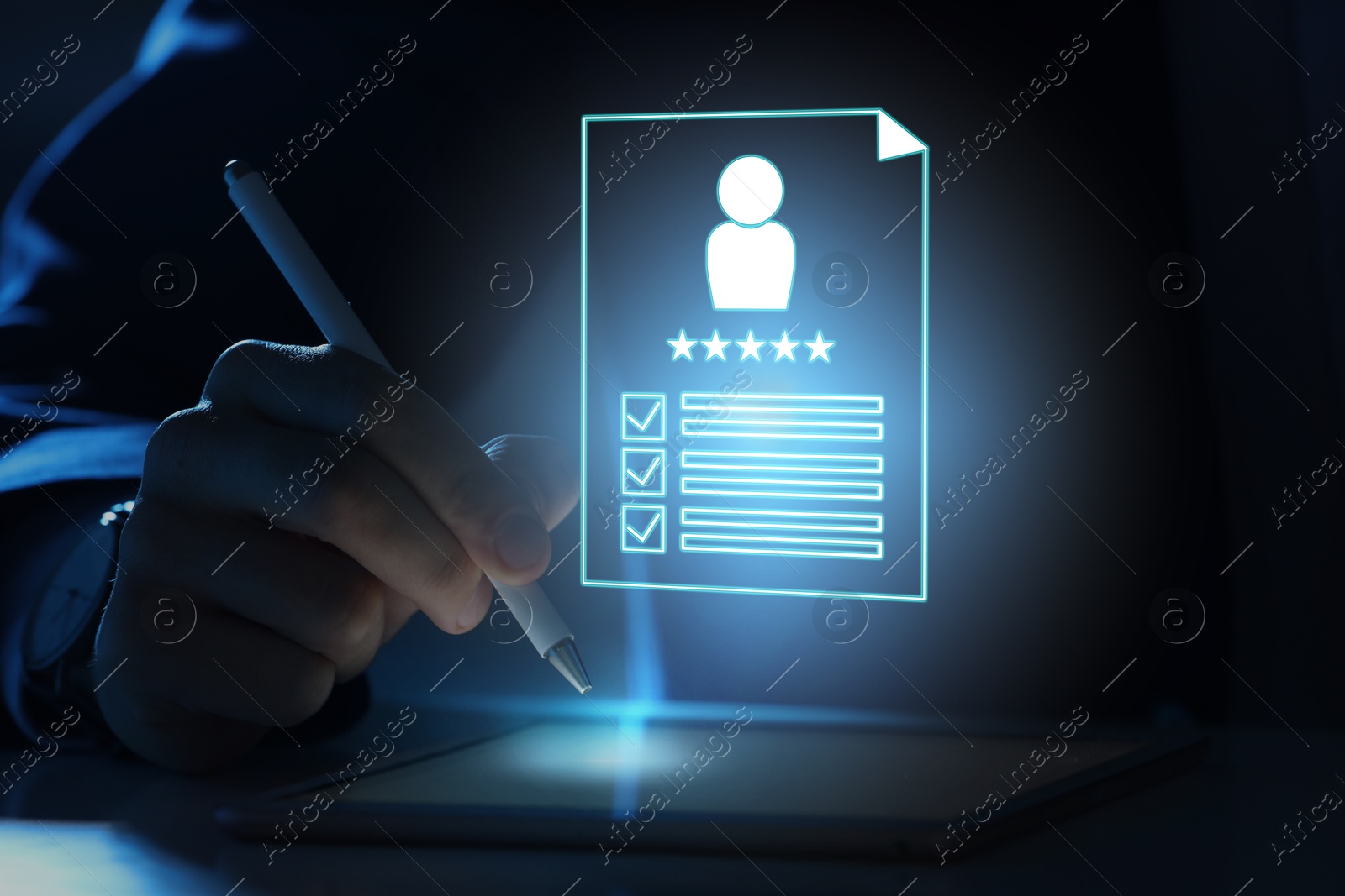 Recruitment, employee search. Human resources manager using tablet computer, closeup. Virtual candidate's resume above device Image of Recruitment, employee search. Human resources manager using tablet computer, closeup. Virtual candidate's resume above device