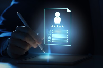 Image of Recruitment, employee search. Human resources manager using tablet computer, closeup. Virtual candidate's resume above device