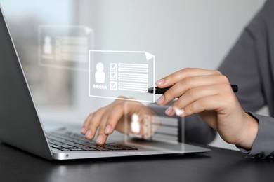 Image of Recruitment, employee search. Human resources manager using laptop, closeup. Virtual resumes above computer
