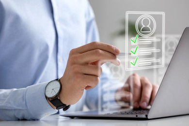 Image of Recruitment, employee search. Human resources manager using laptop, closeup. Virtual resumes above computer