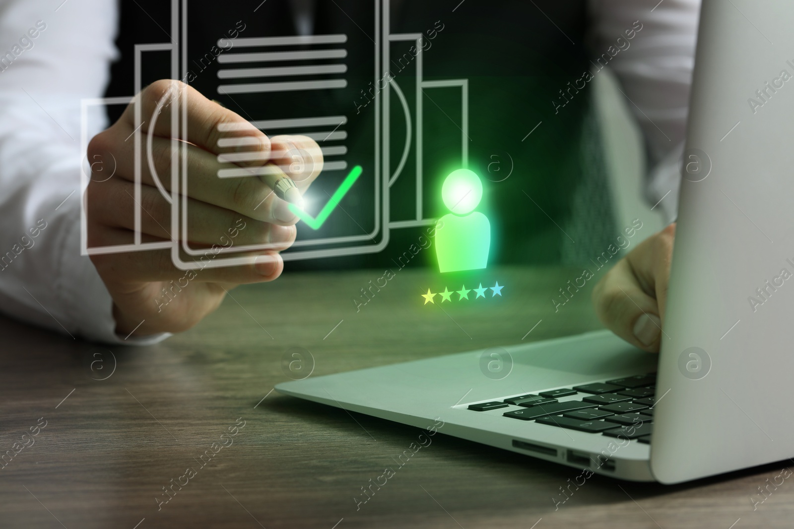 Recruitment, employee search. Human resources manager using laptop, closeup. Virtual resumes above computer Image of Recruitment, employee search. Human resources manager using laptop, closeup. Virtual resumes above computer