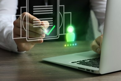 Image of Recruitment, employee search. Human resources manager using laptop, closeup. Virtual resumes above computer