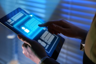 Image of Recruitment, employee search. Human resources manager using tablet computer, closeup. Virtual resumes above device