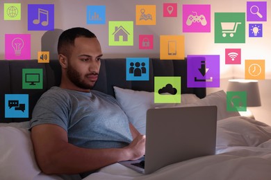 Image of Internet addicted man using laptop instead of sleeping at night. Different icons near him