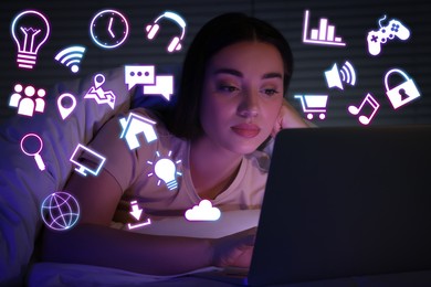 Image of Internet addicted woman using laptop instead of sleeping at night. Different icons near her