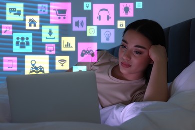 Image of Internet addicted woman using laptop instead of sleeping at night. Different icons near her