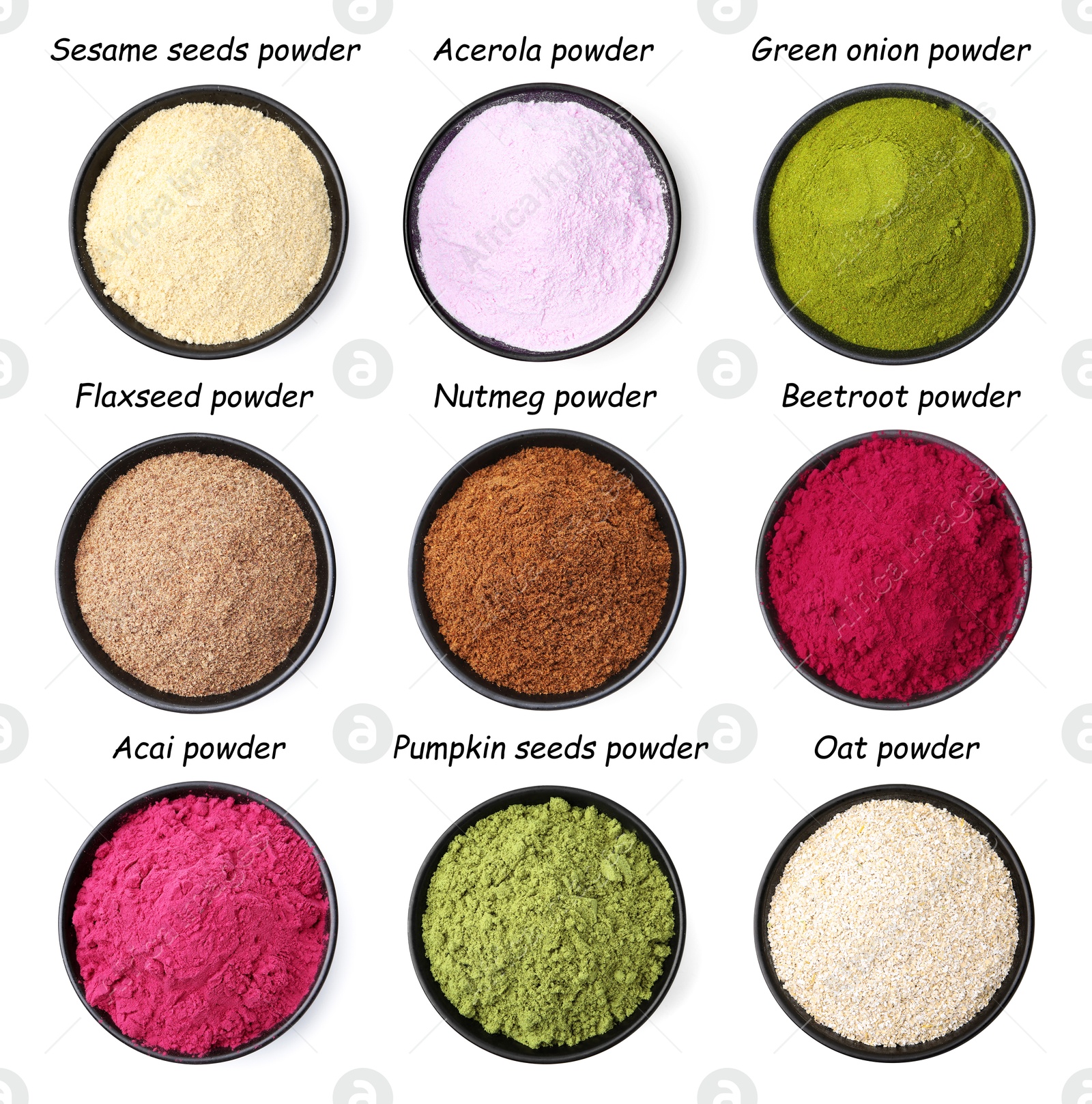 Different superfood powders in bowls and names on white background, collage. Top view Image of Different superfood powders in bowls and names on white background, collage. Top view
