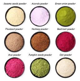Image of Different superfood powders in bowls and names on white background, collage. Top view