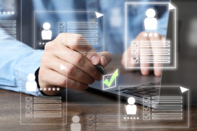 Image of Recruitment, employee search. Human resources manager using laptop, closeup. Resumes on virtual screen