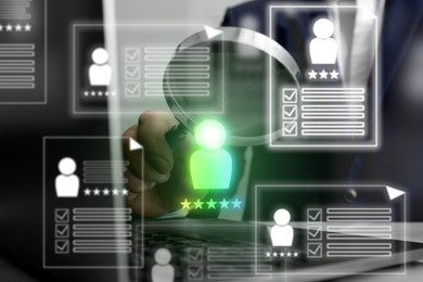 Image of Recruitment, employee search. Human resources manager with magnifying glass using laptop, closeup. Resumes on virtual screen