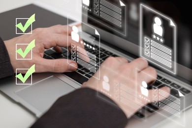 Image of Recruitment, employee search. Human resources manager using laptop, closeup. Virtual resumes above computer