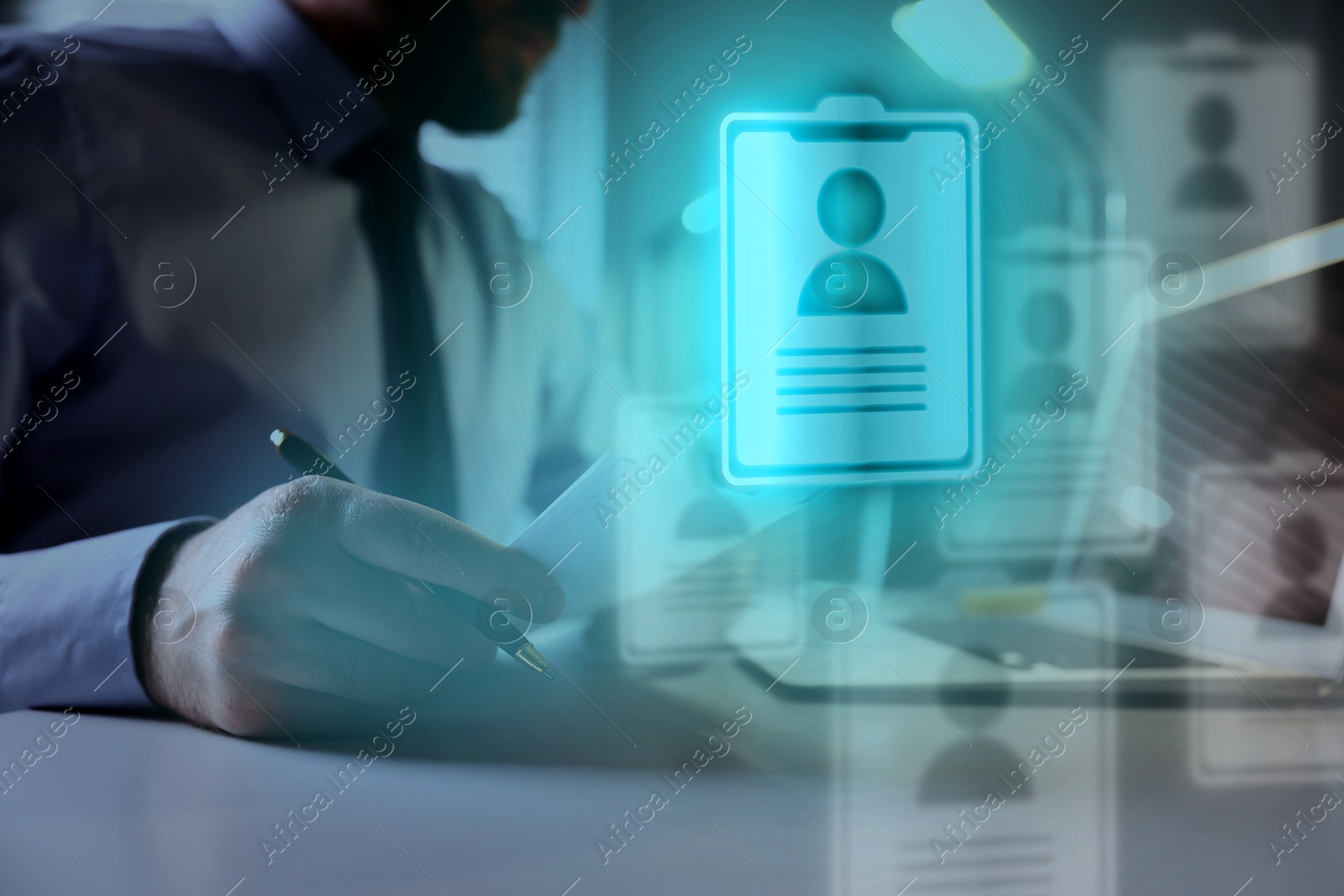 Recruitment, employee search. Human resources manager using laptop, closeup. Resumes on virtual screen Image of Recruitment, employee search. Human resources manager using laptop, closeup. Resumes on virtual screen