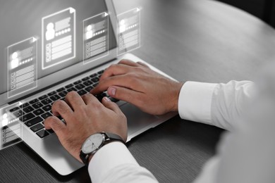 Image of Recruitment, employee search. Human resources manager using laptop, closeup. Virtual resumes above computer