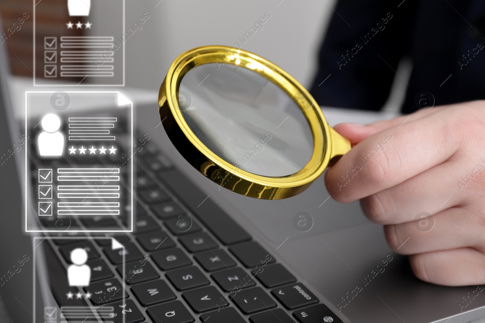 Recruitment, employee search. Human resources manager with magnifying glass using laptop, closeup. Resumes on virtual screen Image of Recruitment, employee search. Human resources manager with magnifying glass using laptop, closeup. Resumes on virtual screen