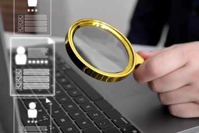 Image of Recruitment, employee search. Human resources manager with magnifying glass using laptop, closeup. Resumes on virtual screen