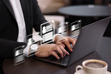Image of Recruitment, employee search. Human resources manager using laptop, closeup. Virtual resumes above computer