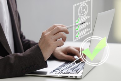 Image of Recruitment, employee search. Human resources manager choosing candidate's resume on virtual screen above laptop, closeup