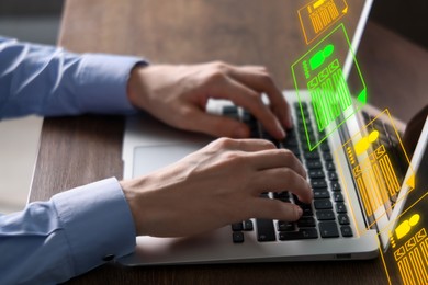 Image of Recruitment, employee search. Human resources manager using laptop, closeup. Virtual resumes above computer