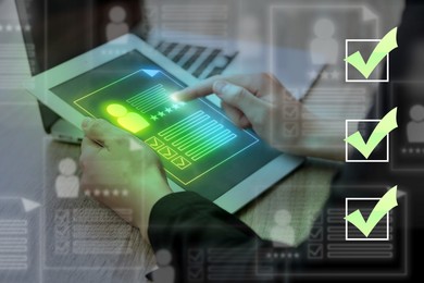 Image of Recruitment, employee search. Human resources manager choosing candidate's CV on tablet computer, closeup. Resumes on virtual screen