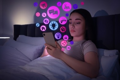 Image of Internet addicted woman using mobile phone instead of sleeping at night. Different icons flying out of device