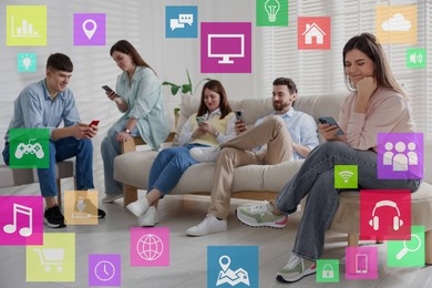 Image of Internet addicted friends using mobile phones instead of spending time together in room. Different icons around them