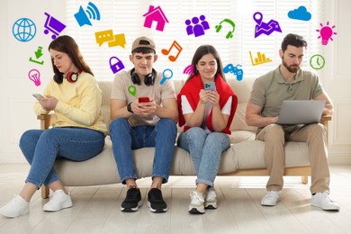 Image of Internet addicted friends using gadgets instead of spending time together in room. Different icons around them