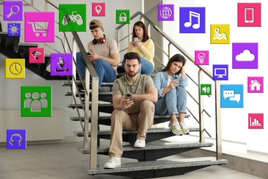 Image of Internet addicted friends using mobile phones instead of spending time together indoors. Different icons around them