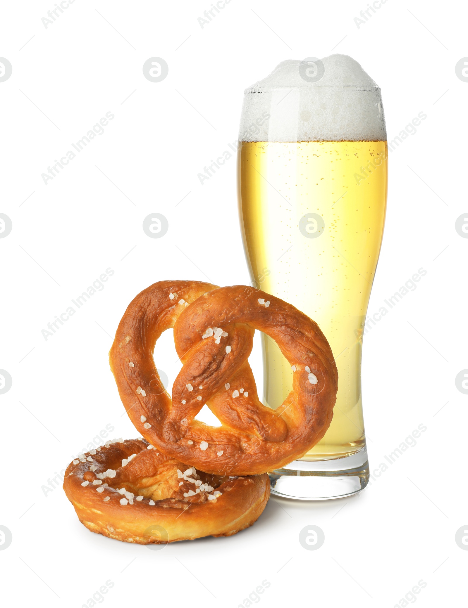 Photo of Tasty pretzels and glass of beer isolated on white
